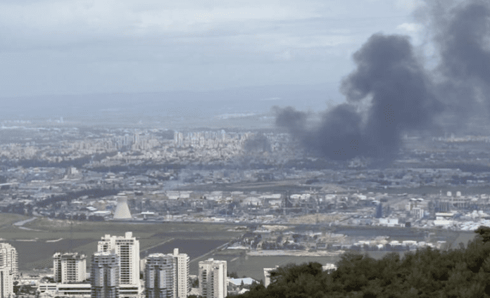 Haifa Firefighters battle blaze at the Bazan refinery in Haifa following missile barrage